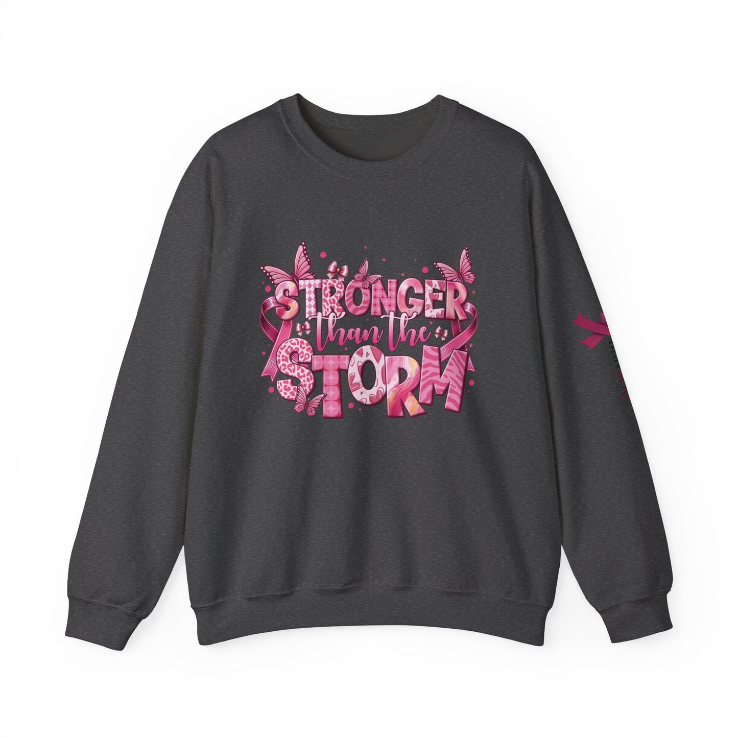 Breast Cancer Awareness Sweatshirt, In October We Wear Pink Crewneck, Stronger Than The Storm Sweater