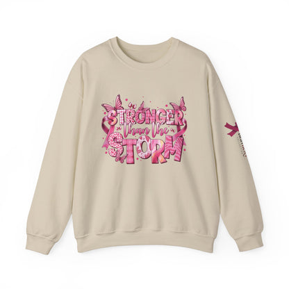 Breast Cancer Awareness Sweatshirt, In October We Wear Pink Crewneck, Stronger Than The Storm Sweater