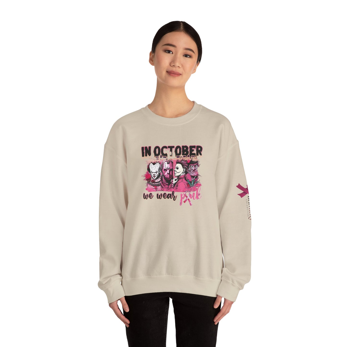 Breast Cancer Awareness Sweatshirt, In October We Wear Pink Crewneck, Slashers Wear Pink Sweater