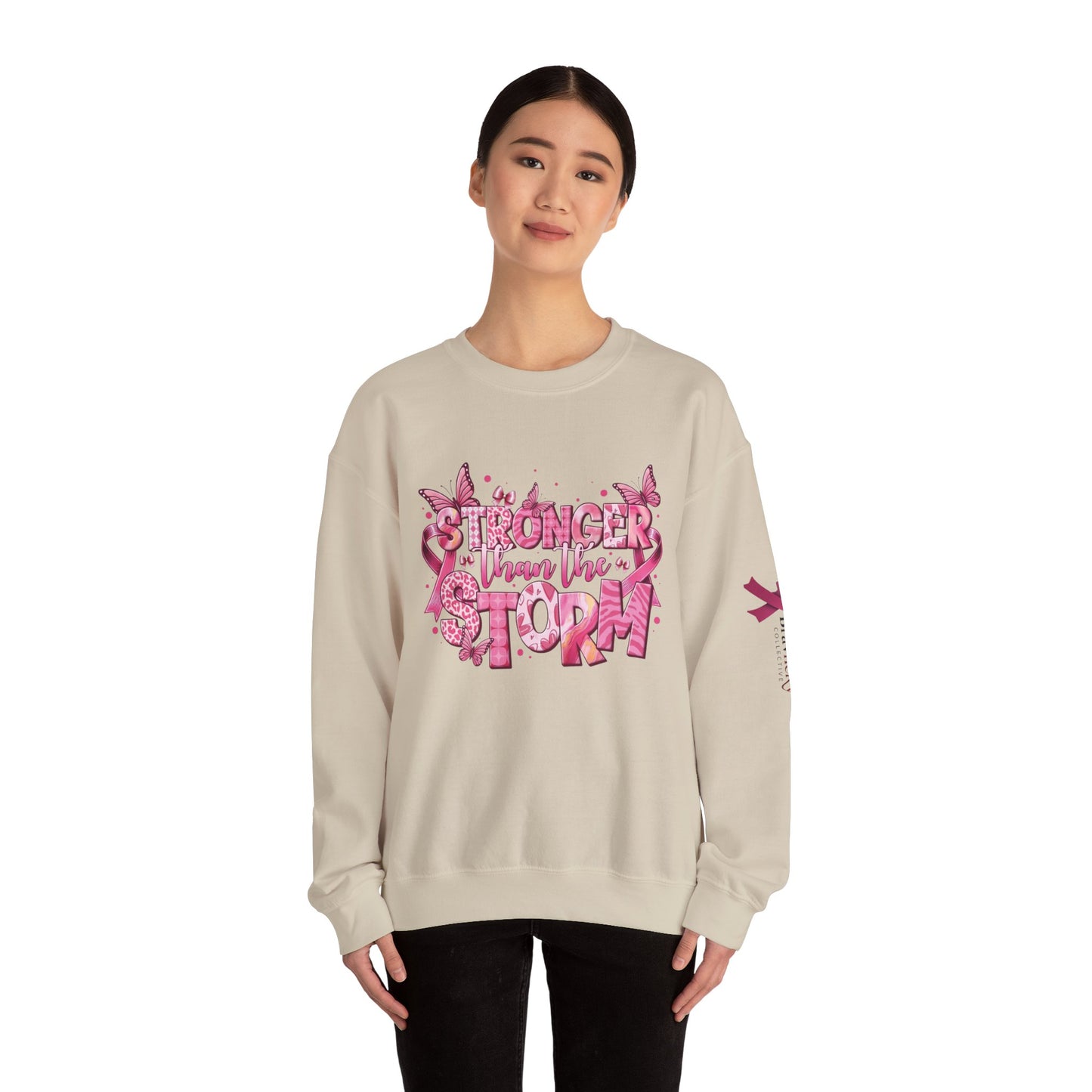 Breast Cancer Awareness Sweatshirt, In October We Wear Pink Crewneck, Stronger Than The Storm Sweater