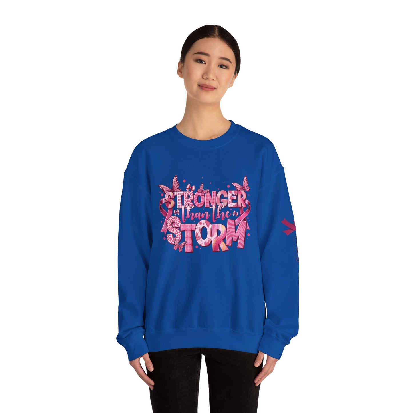 Breast Cancer Awareness Sweatshirt, In October We Wear Pink Crewneck, Stronger Than The Storm Sweater