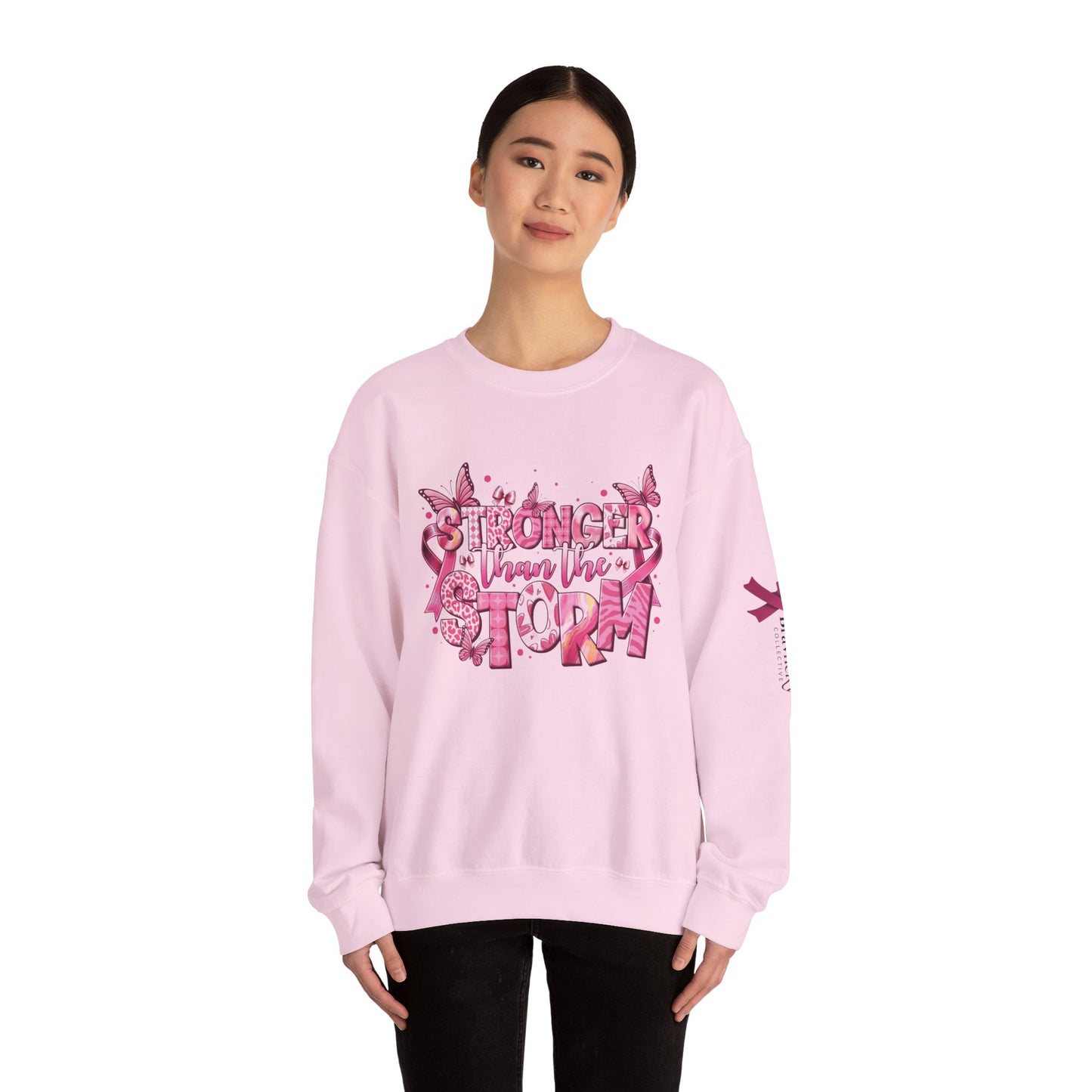 Breast Cancer Awareness Sweatshirt, In October We Wear Pink Crewneck, Stronger Than The Storm Sweater