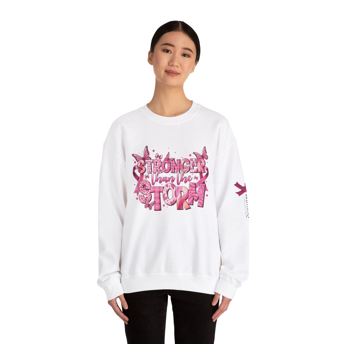 Breast Cancer Awareness Sweatshirt, In October We Wear Pink Crewneck, Stronger Than The Storm Sweater