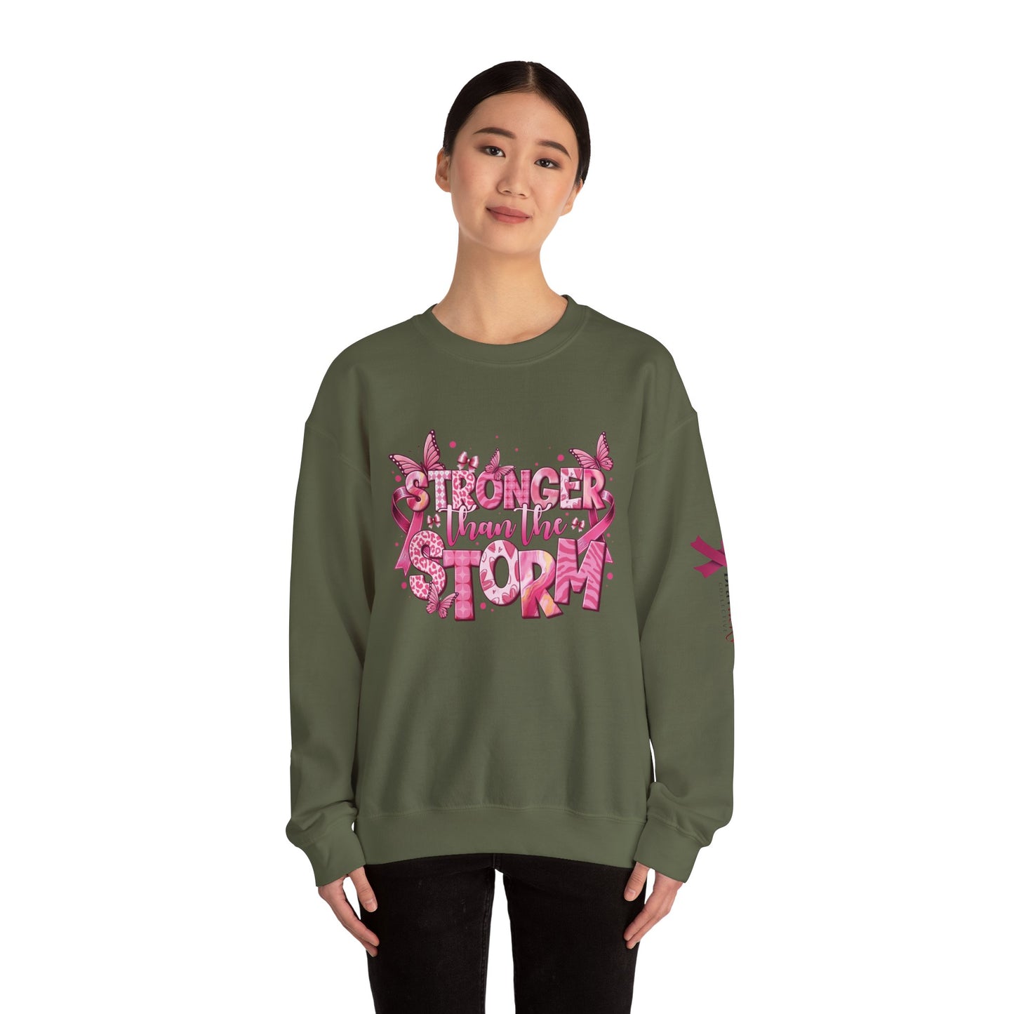 Breast Cancer Awareness Sweatshirt, In October We Wear Pink Crewneck, Stronger Than The Storm Sweater