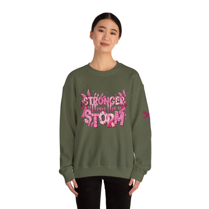 Breast Cancer Awareness Sweatshirt, In October We Wear Pink Crewneck, Stronger Than The Storm Sweater