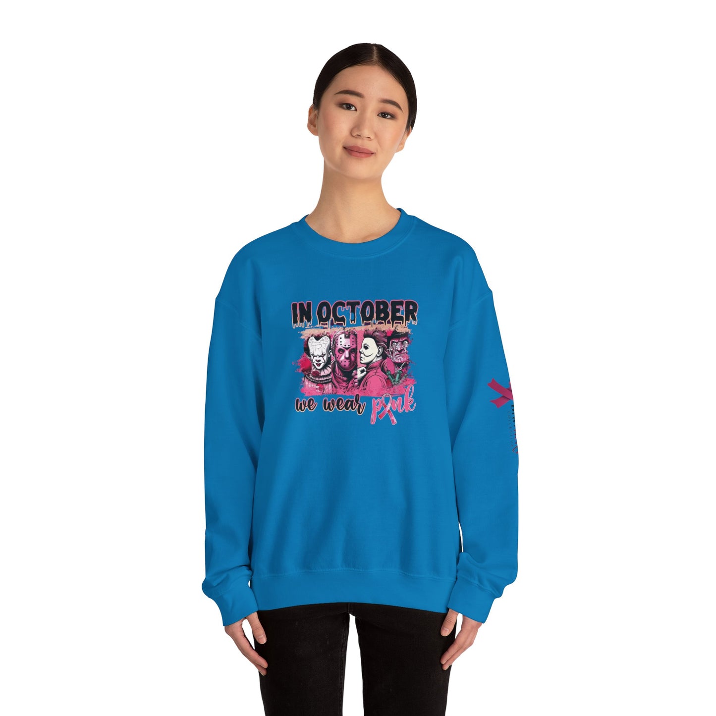 Breast Cancer Awareness Sweatshirt, In October We Wear Pink Crewneck, Slashers Wear Pink Sweater