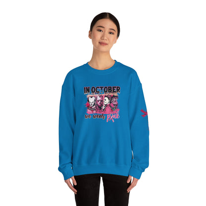 Breast Cancer Awareness Sweatshirt, In October We Wear Pink Crewneck, Slashers Wear Pink Sweater