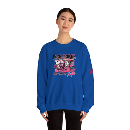 Breast Cancer Awareness Sweatshirt, In October We Wear Pink Crewneck, Slashers Wear Pink Sweater