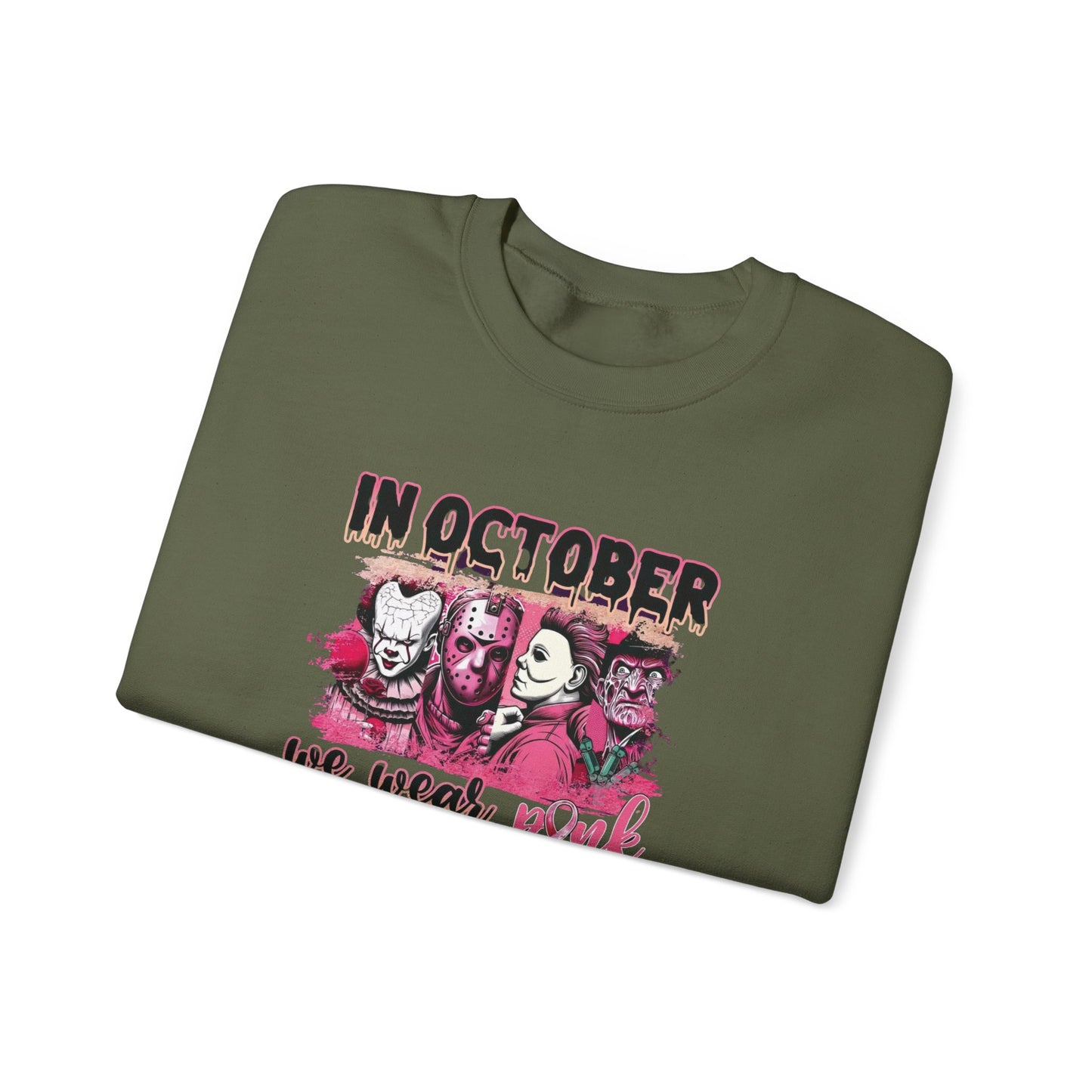 Breast Cancer Awareness Sweatshirt, In October We Wear Pink Crewneck, Slashers Wear Pink Sweater