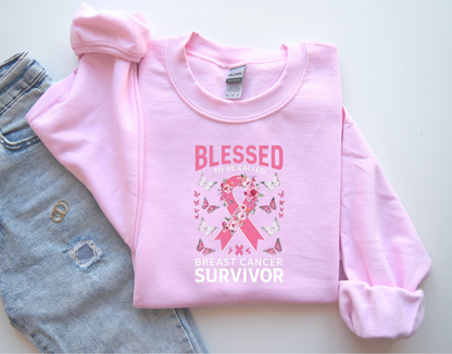 In October We Wear Pink Crewneck, Breast Cancer Awareness Sweatshirt, Blessed Survivor