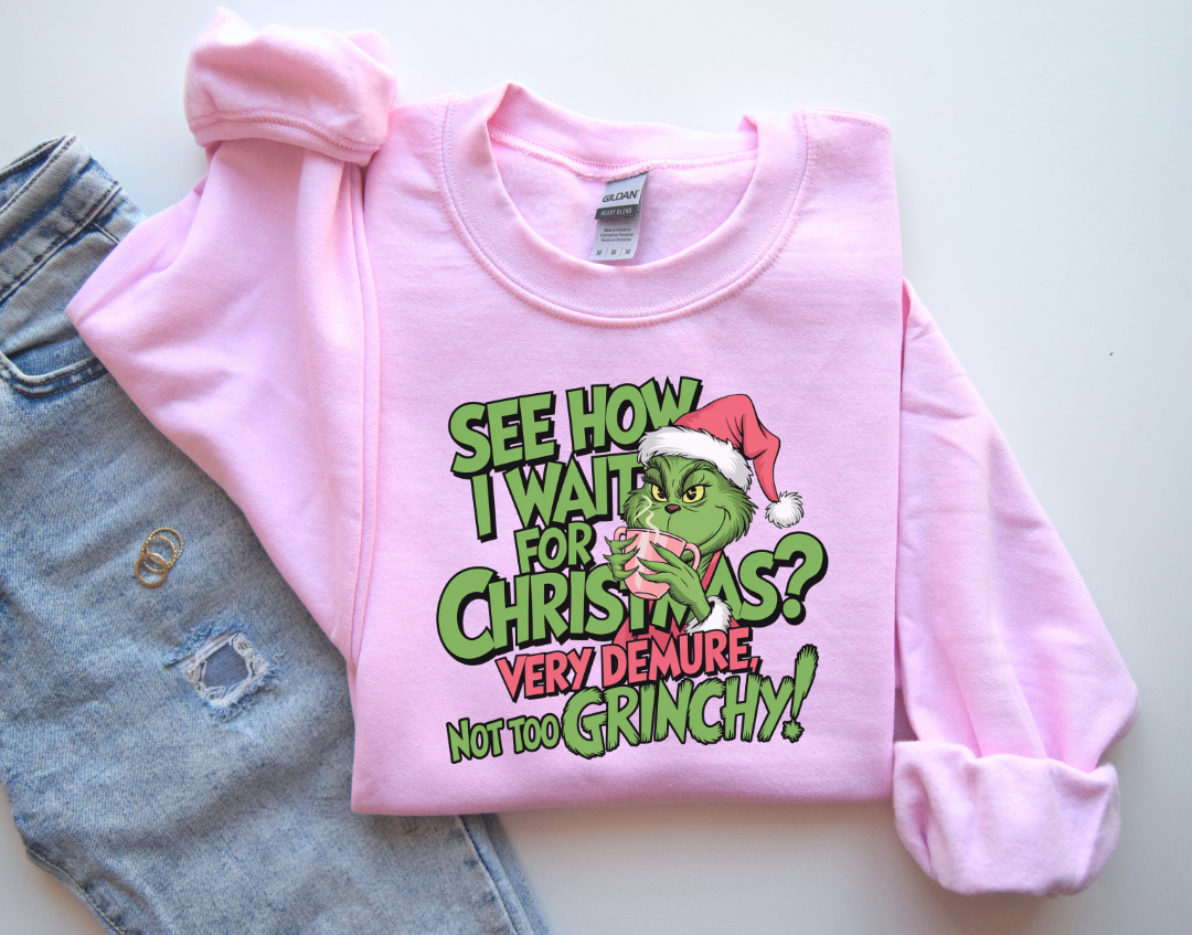 Very Demure Not Too Grinchy Christmas Sweatshirt, Women Christmas Sweatshirt, Christmas Crewneck Sweatshirts, Christmas Women, Pink Christmas Sweatshirt, Breast Cancer Awareness Sweatshirt