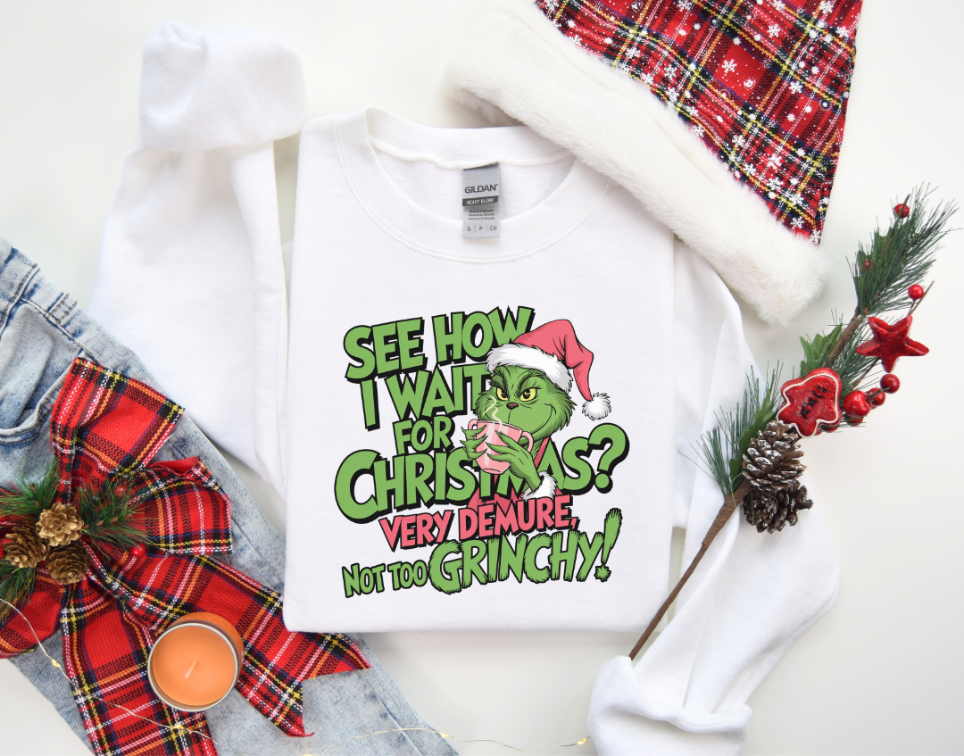 Very Demure Not Too Grinchy Christmas Sweatshirt, Women Christmas Sweatshirt, Christmas Crewneck Sweatshirts, Christmas Women, Pink Christmas Sweatshirt, Breast Cancer Awareness Sweatshirt