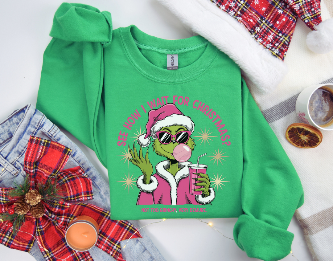 See How Grinch Wait For Christmas Very Demure Sweatshirt, Women Christmas Sweatshirt, Christmas Crewneck Sweatshirts, Christmas Women, Pink Christmas Sweatshirt, Breast Cancer Awareness Sweatshirt