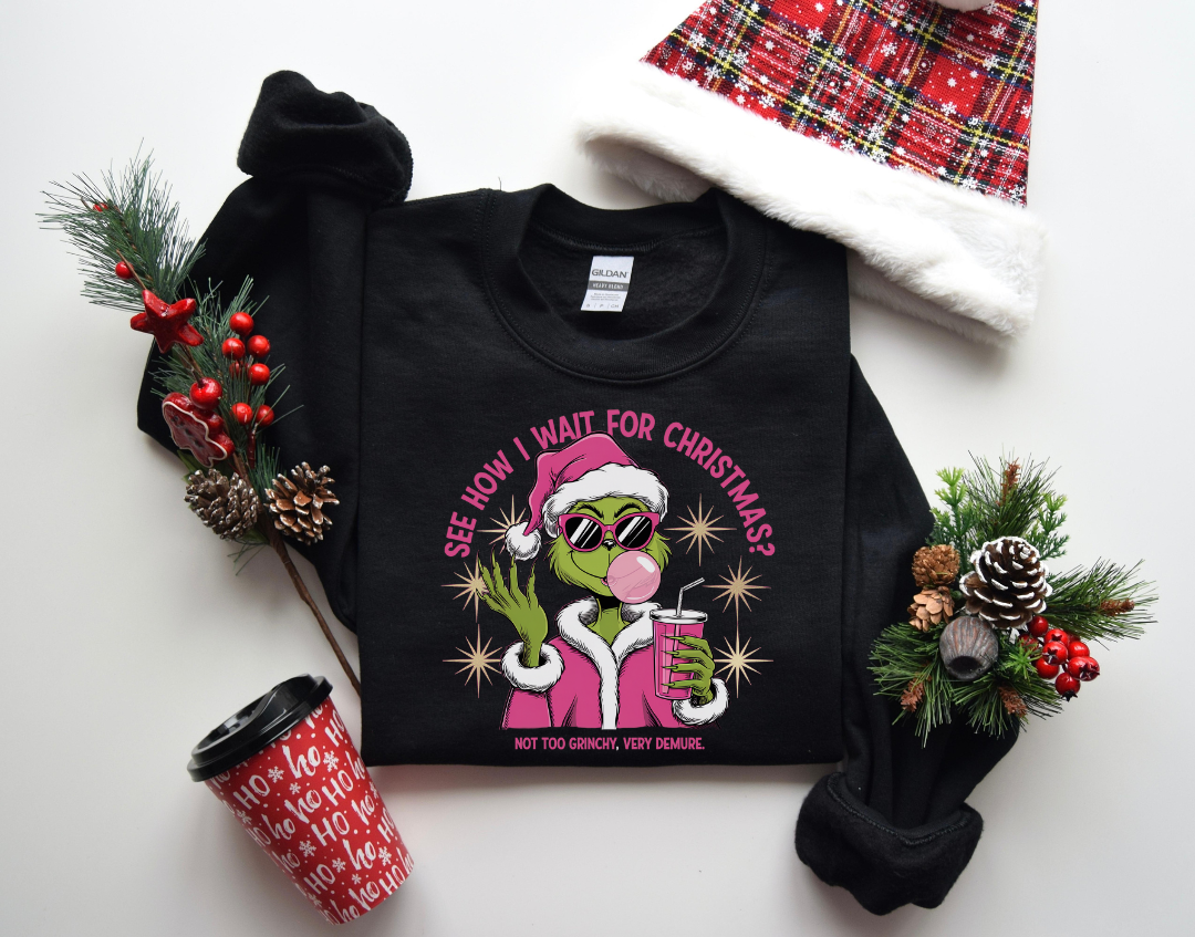 See How Grinch Wait For Christmas Very Demure Sweatshirt, Women Christmas Sweatshirt, Christmas Crewneck Sweatshirts, Christmas Women, Pink Christmas Sweatshirt, Breast Cancer Awareness Sweatshirt