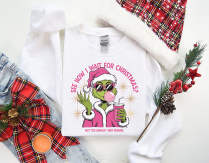 See How Grinch Wait For Christmas Very Demure Sweatshirt, Women Christmas Sweatshirt, Christmas Crewneck Sweatshirts, Christmas Women, Pink Christmas Sweatshirt, Breast Cancer Awareness Sweatshirt