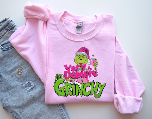 Not Too Grinchy Very Demure Christmas Sweatshirt, Women Christmas Sweatshirt, Christmas Crewneck Sweatshirts, Christmas Women, Pink Christmas Sweatshirt, Breast Cancer Awareness Sweatshirt