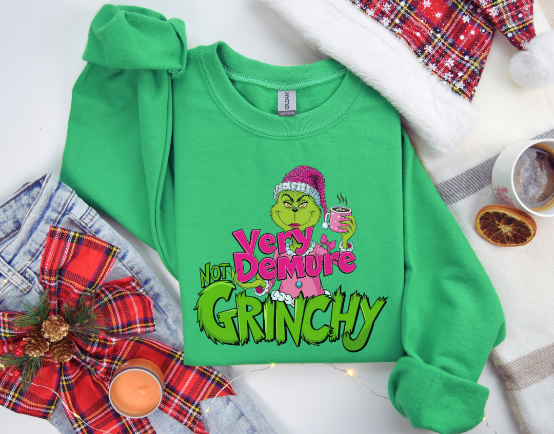 Not Too Grinchy Very Demure Christmas Sweatshirt, Women Christmas Sweatshirt, Christmas Crewneck Sweatshirts, Christmas Women, Pink Christmas Sweatshirt, Breast Cancer Awareness Sweatshirt