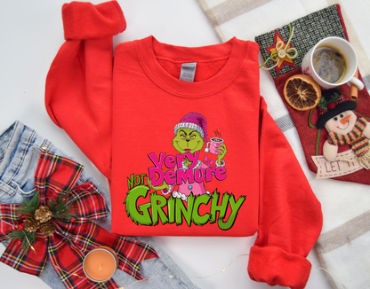 Not Too Grinchy Very Demure Christmas Sweatshirt, Women Christmas Sweatshirt, Christmas Crewneck Sweatshirts, Christmas Women, Pink Christmas Sweatshirt, Breast Cancer Awareness Sweatshirt