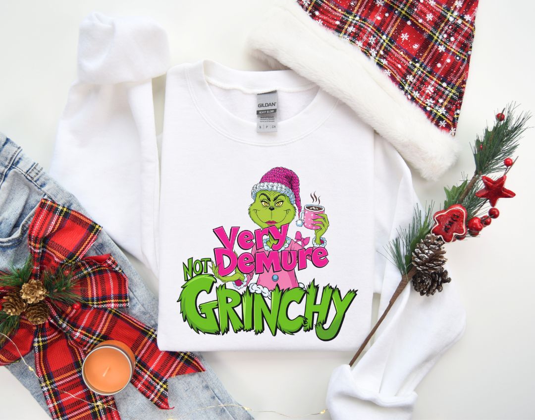 Not Too Grinchy Very Demure Christmas Sweatshirt, Women Christmas Sweatshirt, Christmas Crewneck Sweatshirts, Christmas Women, Pink Christmas Sweatshirt, Breast Cancer Awareness Sweatshirt