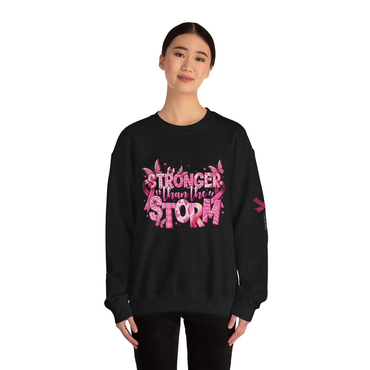 Breast Cancer Awareness Sweatshirt, In October We Wear Pink Crewneck, Stronger Than The Storm Sweater