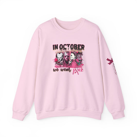 Breast Cancer Awareness Sweatshirt, In October We Wear Pink Crewneck, Slashers Wear Pink Sweater