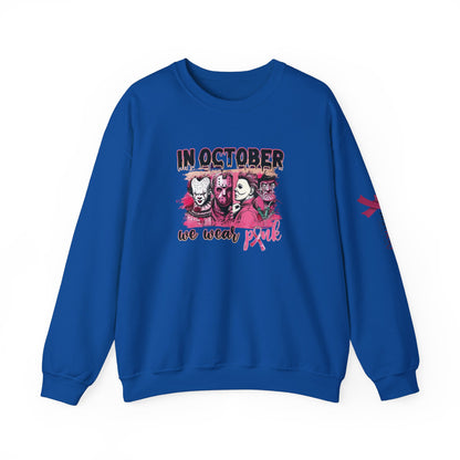 Breast Cancer Awareness Sweatshirt, In October We Wear Pink Crewneck, Slashers Wear Pink Sweater