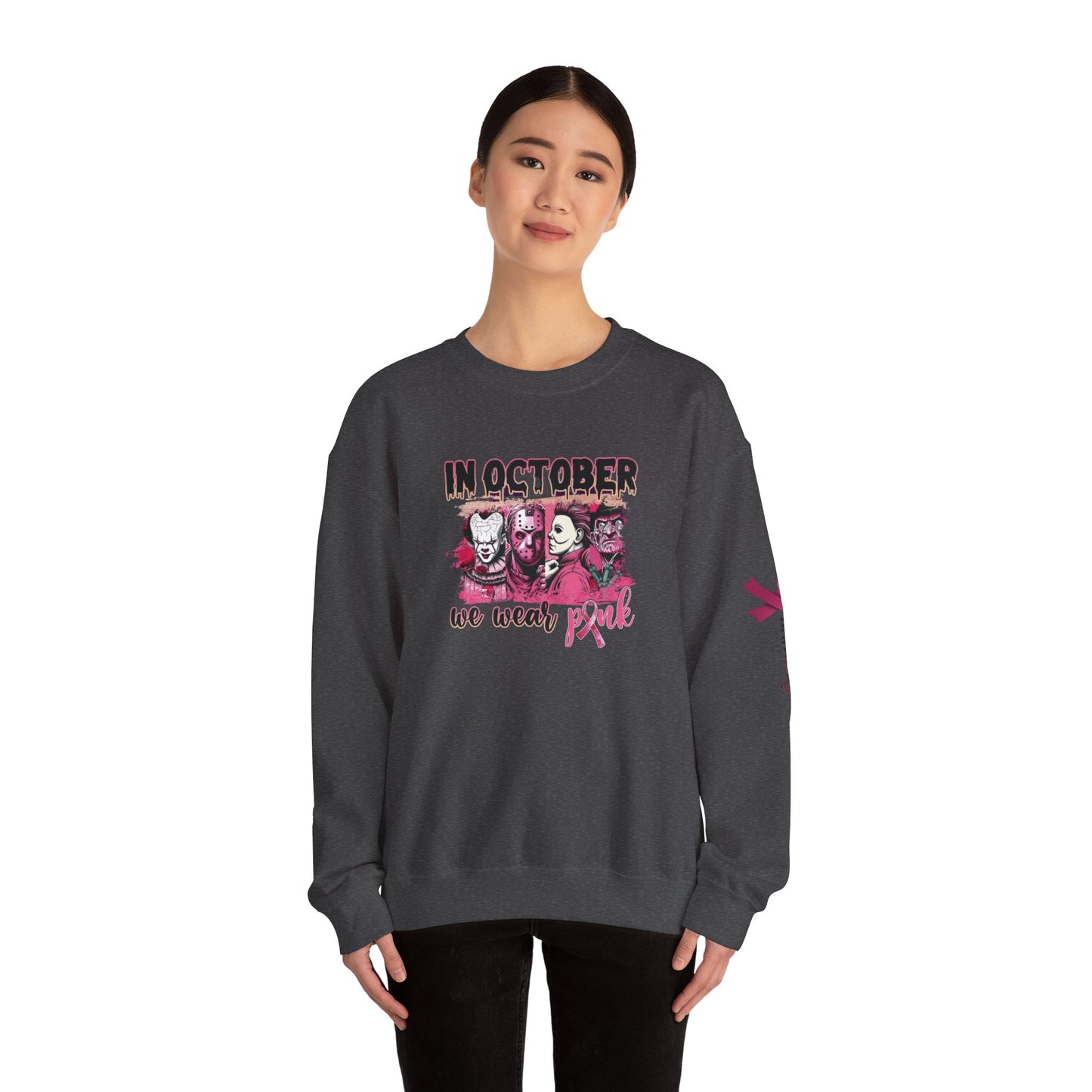 Breast Cancer Awareness Sweatshirt, In October We Wear Pink Crewneck, Slashers Wear Pink Sweater