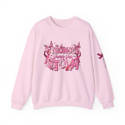 Breast Cancer Awareness Sweatshirt, In October We Wear Pink Crewneck, Stronger Than The Storm Sweater