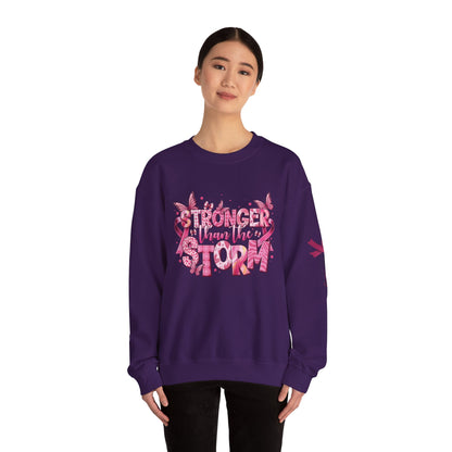 Breast Cancer Awareness Sweatshirt, In October We Wear Pink Crewneck, Stronger Than The Storm Sweater